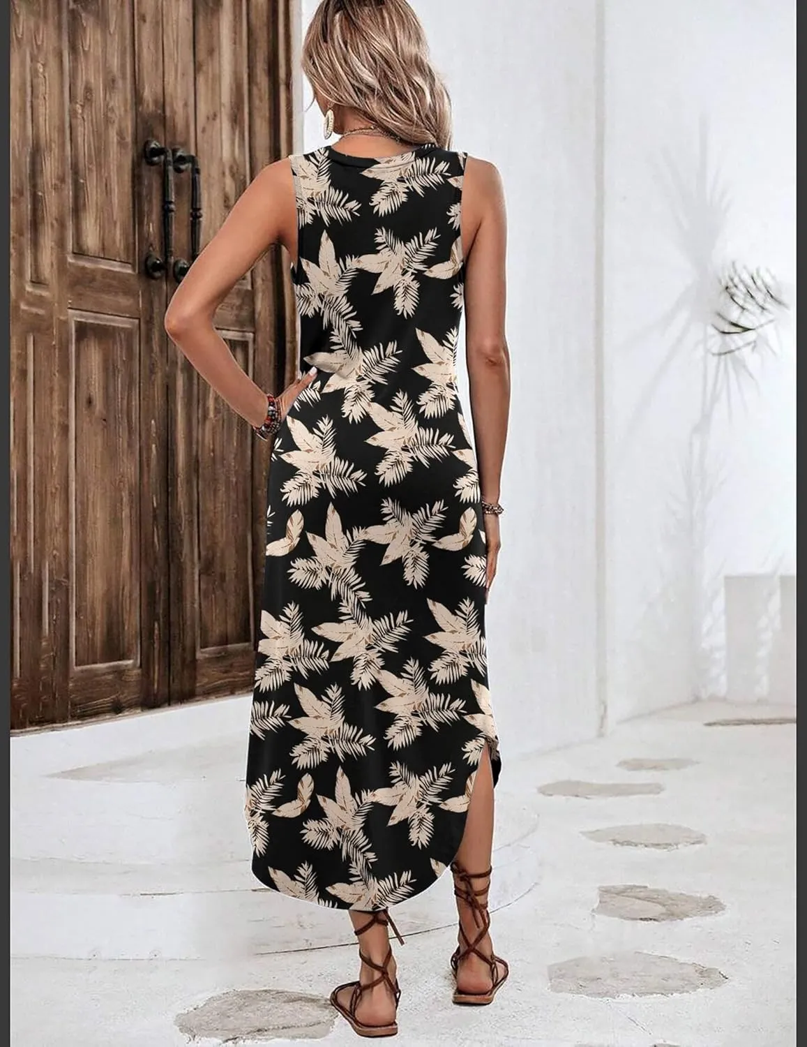Zeagoo Women Floral Summer Dress Casual Beach Dress Printed Tank Dress with Pockets Pleated Front Long Dress