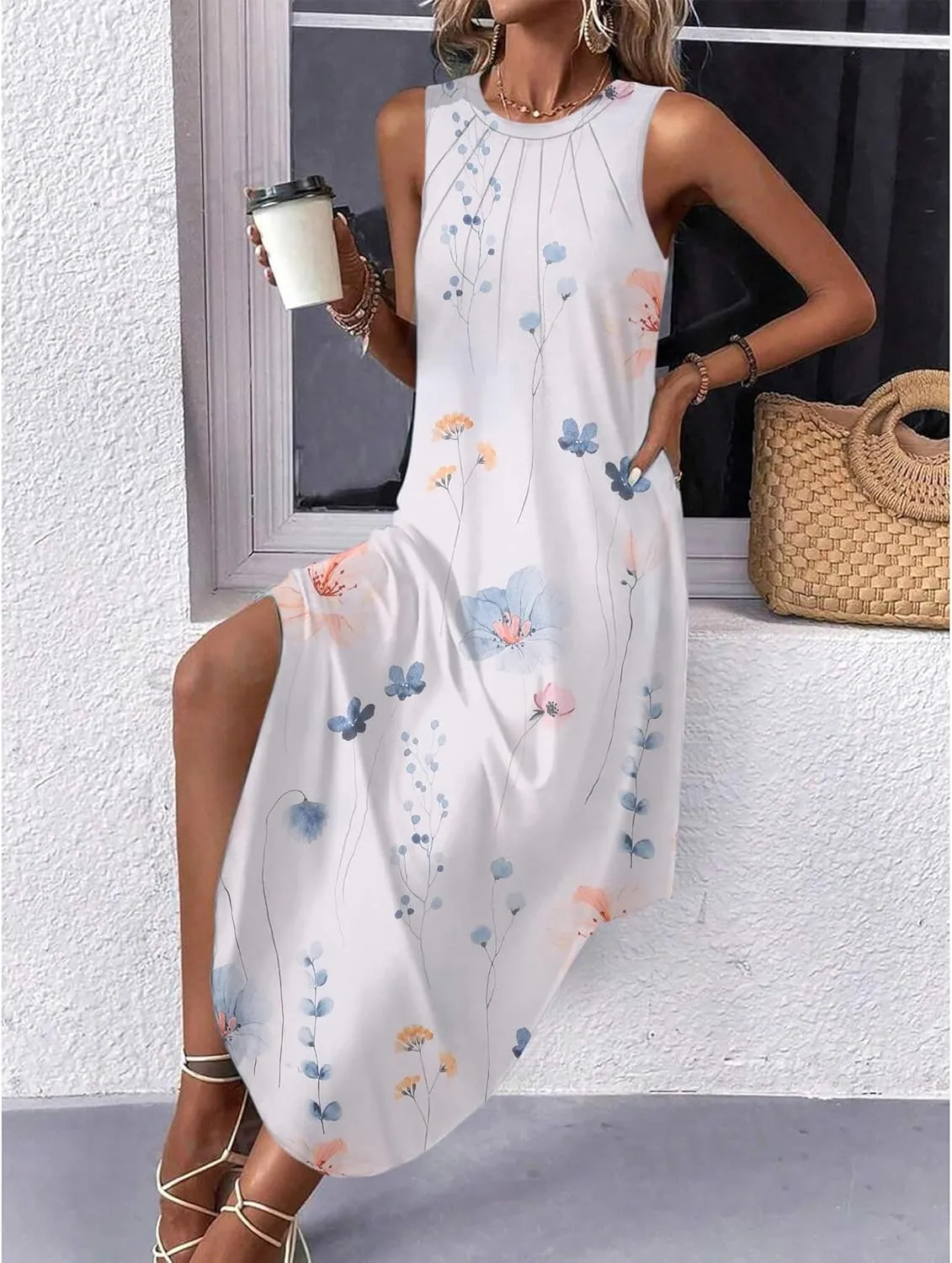 Zeagoo Women Floral Summer Dress Casual Beach Dress Printed Tank Dress with Pockets Pleated Front Long Dress