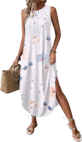 Zeagoo Women Floral Summer Dress Casual Beach Dress Printed Tank Dress with Pockets Pleated Front Long Dress