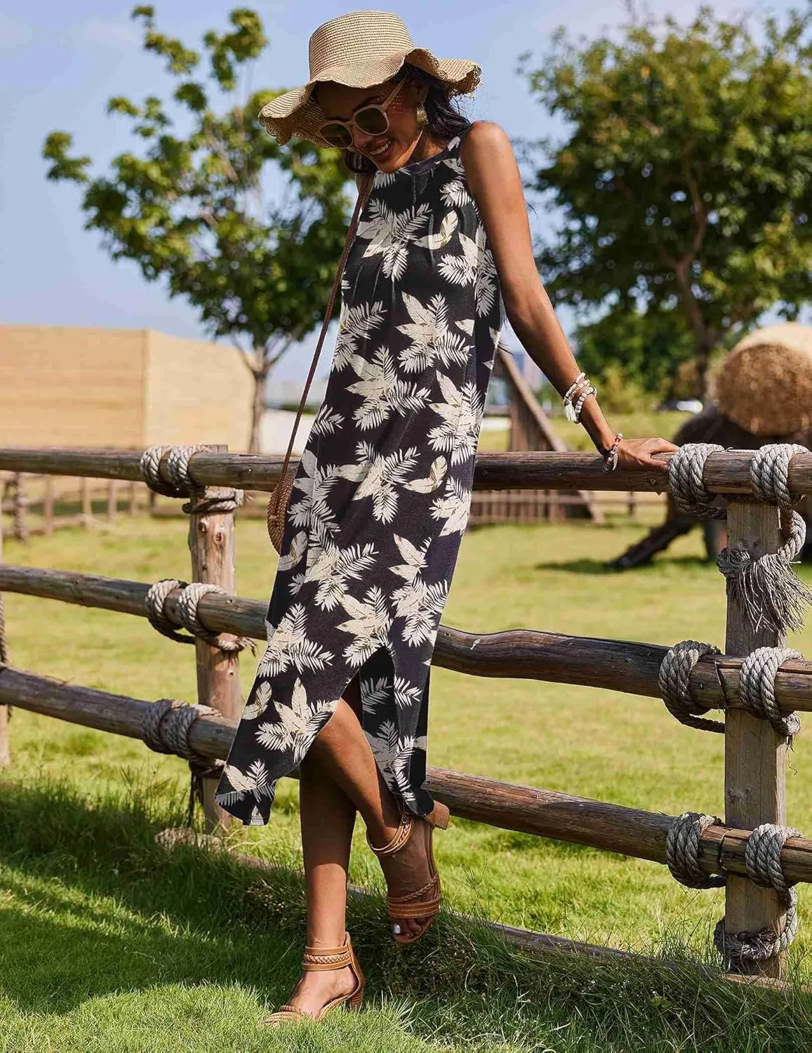 Zeagoo Women Floral Summer Dress Casual Beach Dress Printed Tank Dress with Pockets Pleated Front Long Dress
