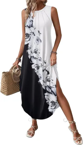 Zeagoo Women Floral Summer Dress Casual Beach Dress Printed Tank Dress with Pockets Pleated Front Long Dress