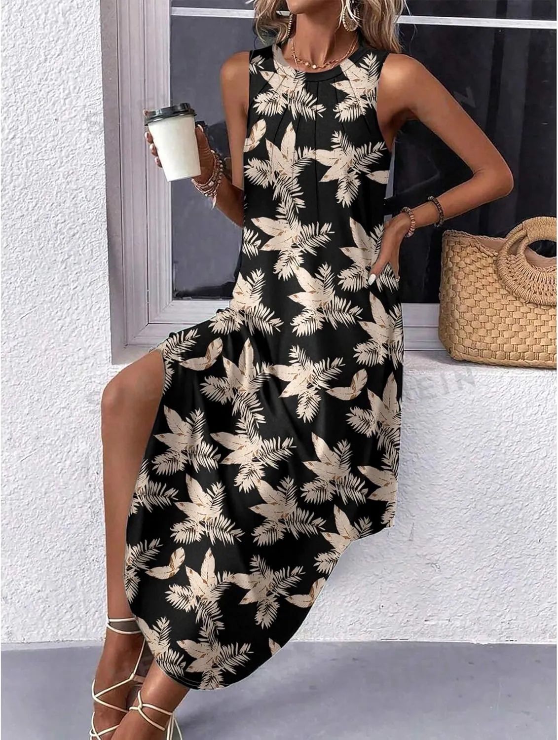 Zeagoo Women Floral Summer Dress Casual Beach Dress Printed Tank Dress with Pockets Pleated Front Long Dress