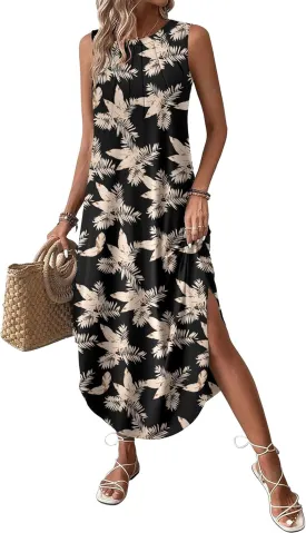 Zeagoo Women Floral Summer Dress Casual Beach Dress Printed Tank Dress with Pockets Pleated Front Long Dress
