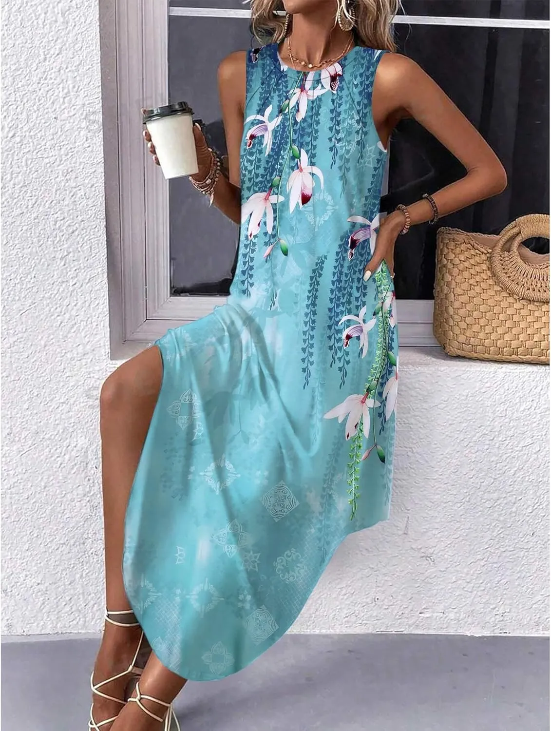 Zeagoo Women Floral Summer Dress Casual Beach Dress Printed Tank Dress with Pockets Pleated Front Long Dress
