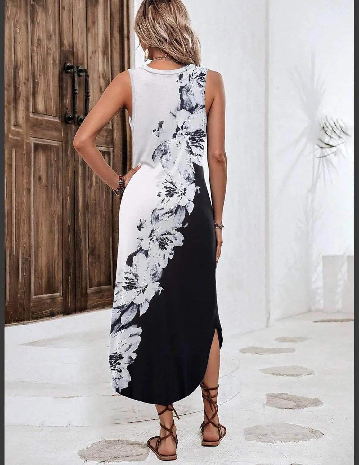 Zeagoo Women Floral Summer Dress Casual Beach Dress Printed Tank Dress with Pockets Pleated Front Long Dress