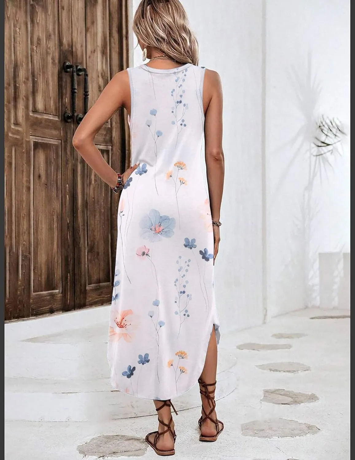Zeagoo Women Floral Summer Dress Casual Beach Dress Printed Tank Dress with Pockets Pleated Front Long Dress