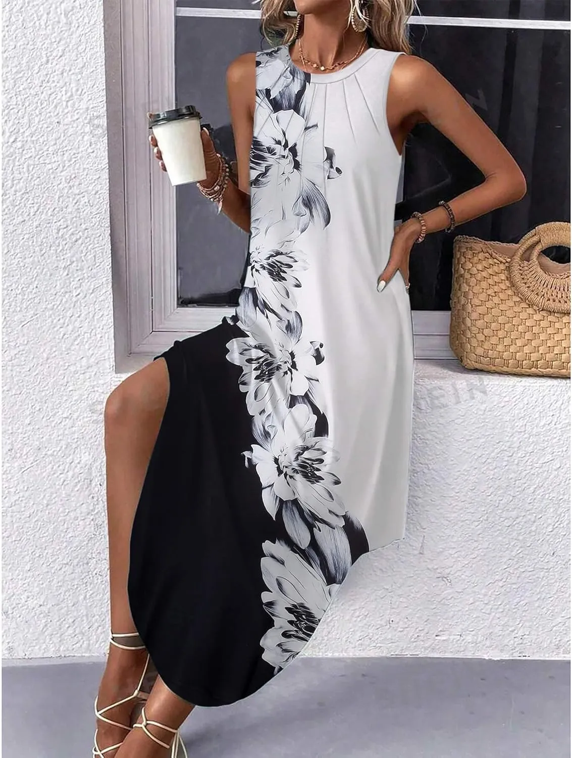 Zeagoo Women Floral Summer Dress Casual Beach Dress Printed Tank Dress with Pockets Pleated Front Long Dress