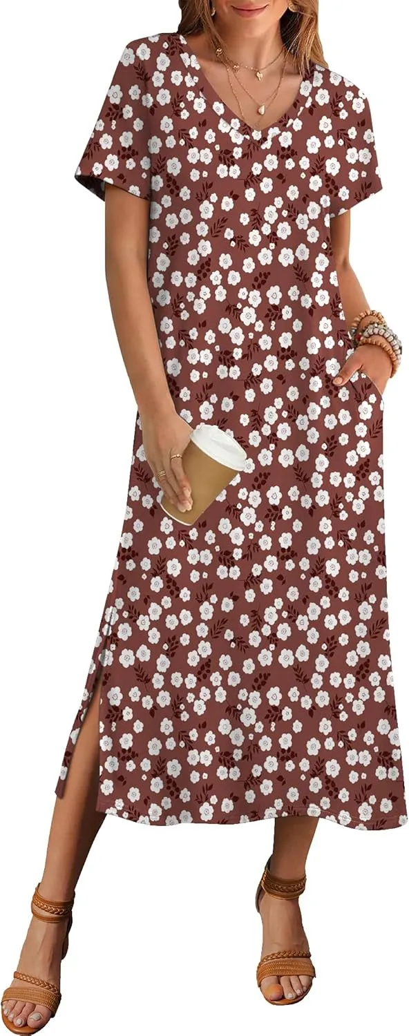 Zeagoo Women Summer Floral Dress Short Sleeve Beach Dress with Pockets Casual V-Neck Split Long T-Shirt Dress Travel Vacation