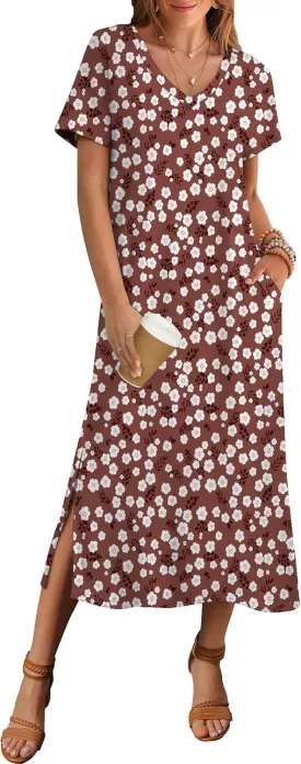 Zeagoo Women Summer Floral Dress Short Sleeve Beach Dress with Pockets Casual V-Neck Split Long T-Shirt Dress Travel Vacation