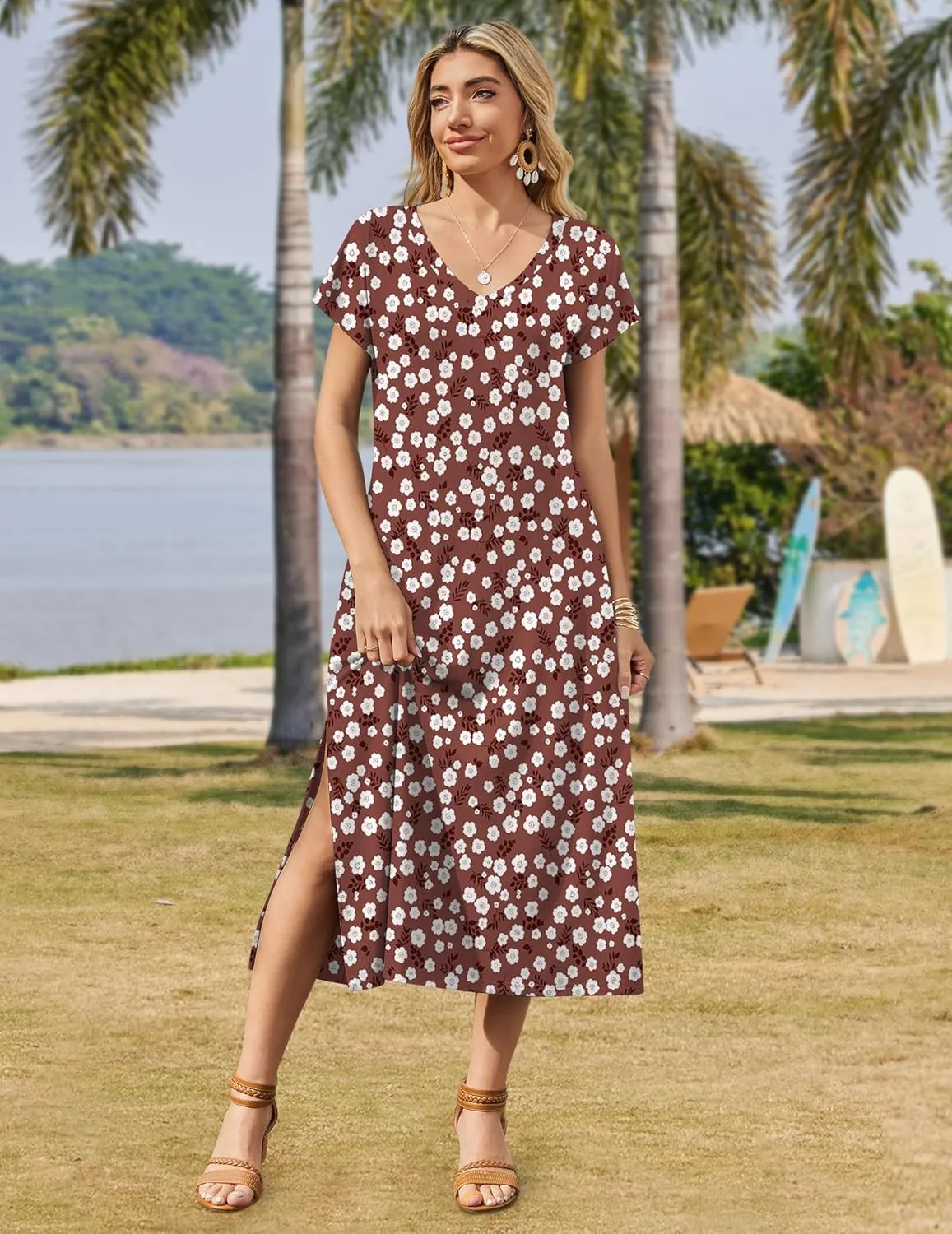 Zeagoo Women Summer Floral Dress Short Sleeve Beach Dress with Pockets Casual V-Neck Split Long T-Shirt Dress Travel Vacation