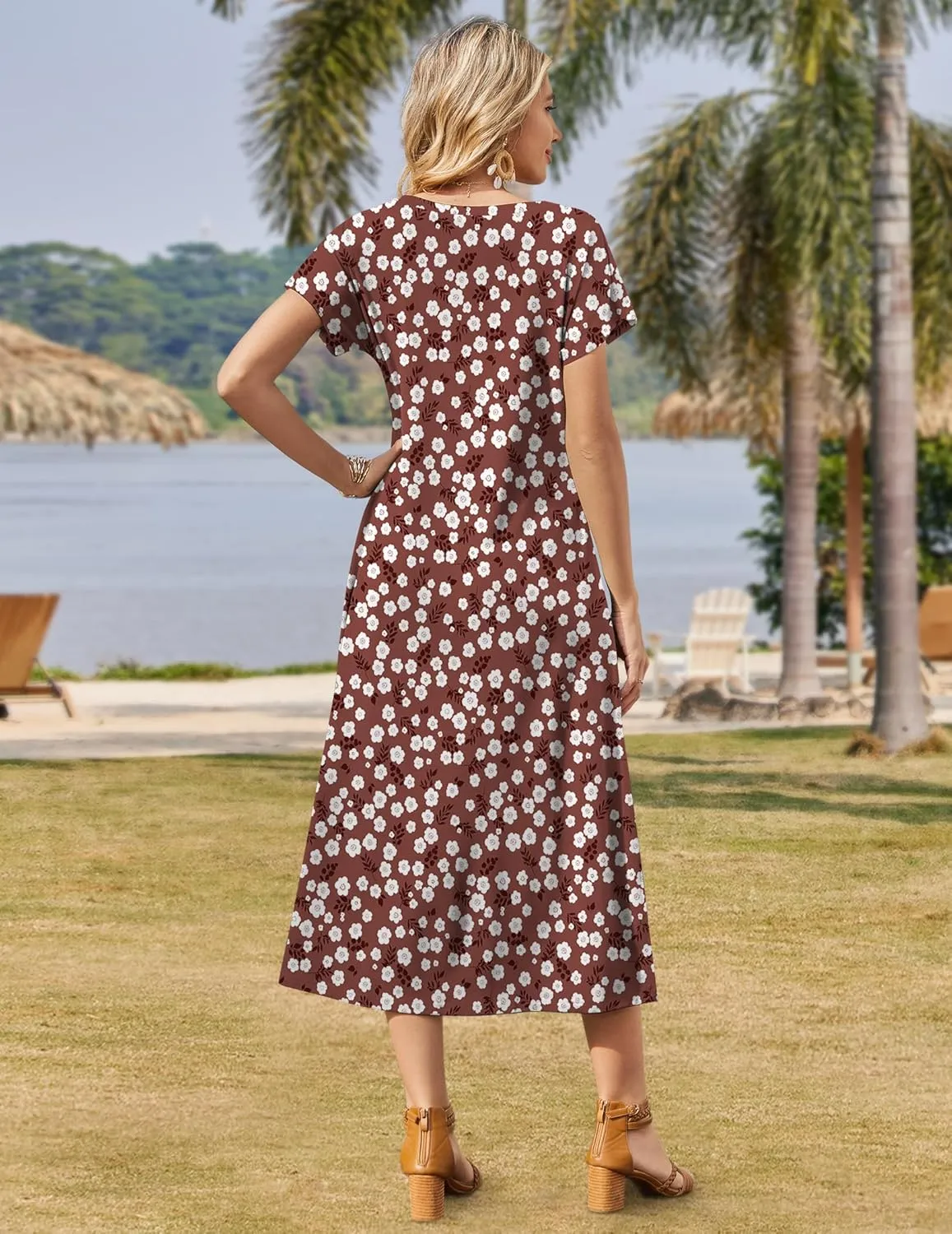 Zeagoo Women Summer Floral Dress Short Sleeve Beach Dress with Pockets Casual V-Neck Split Long T-Shirt Dress Travel Vacation