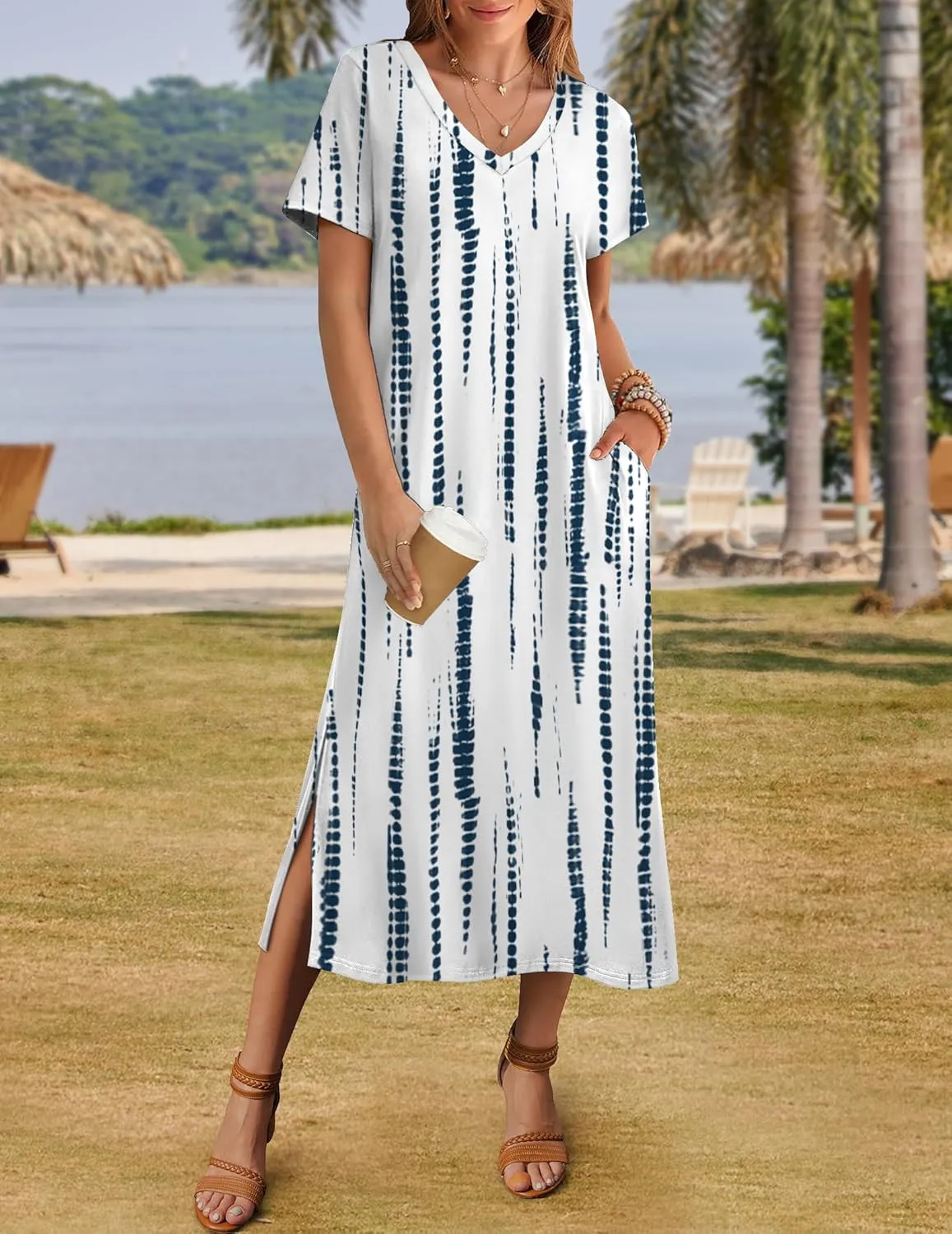 Zeagoo Women Summer Floral Dress Short Sleeve Beach Dress with Pockets Casual V-Neck Split Long T-Shirt Dress Travel Vacation