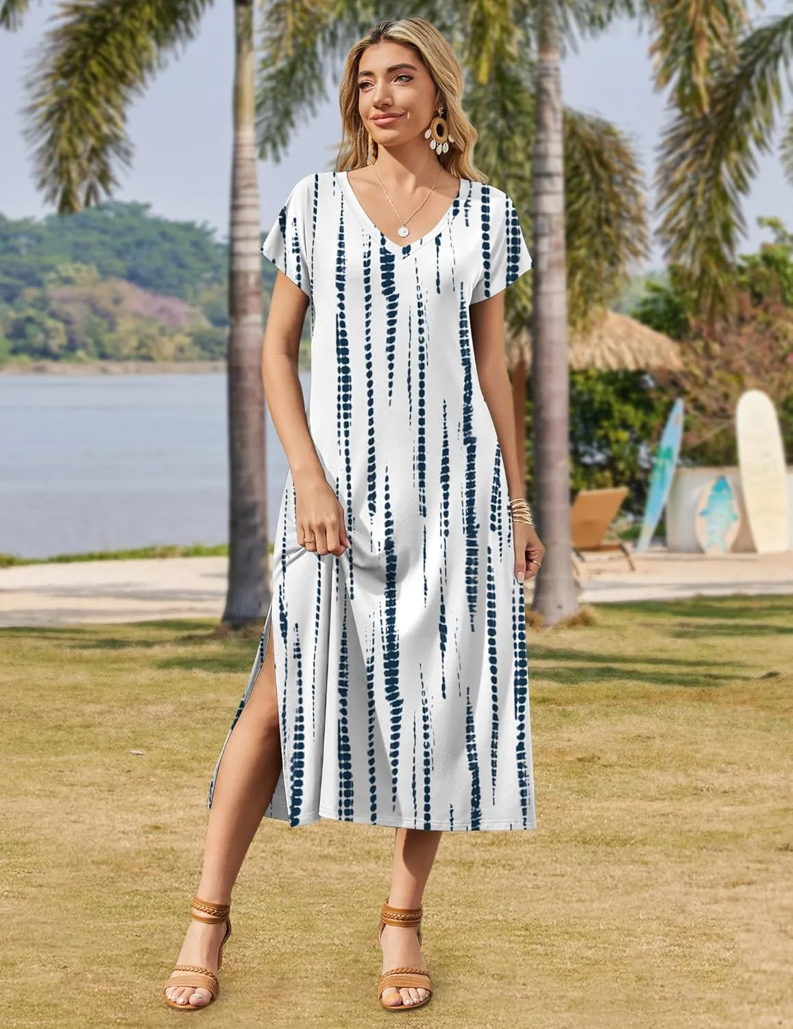 Zeagoo Women Summer Floral Dress Short Sleeve Beach Dress with Pockets Casual V-Neck Split Long T-Shirt Dress Travel Vacation