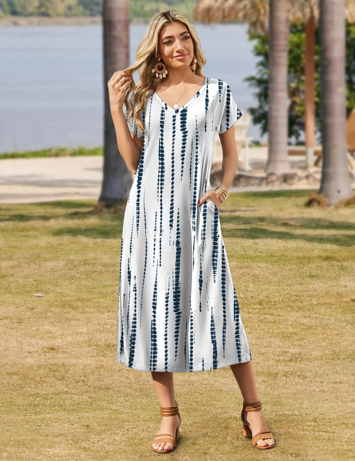 Zeagoo Women Summer Floral Dress Short Sleeve Beach Dress with Pockets Casual V-Neck Split Long T-Shirt Dress Travel Vacation