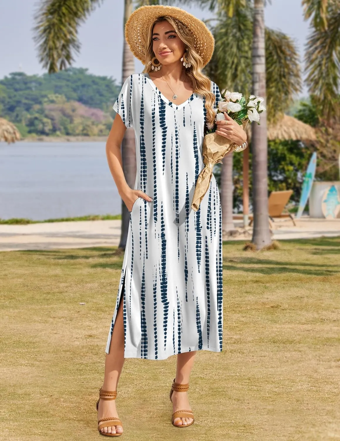 Zeagoo Women Summer Floral Dress Short Sleeve Beach Dress with Pockets Casual V-Neck Split Long T-Shirt Dress Travel Vacation