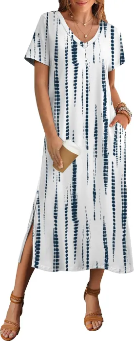 Zeagoo Women Summer Floral Dress Short Sleeve Beach Dress with Pockets Casual V-Neck Split Long T-Shirt Dress Travel Vacation