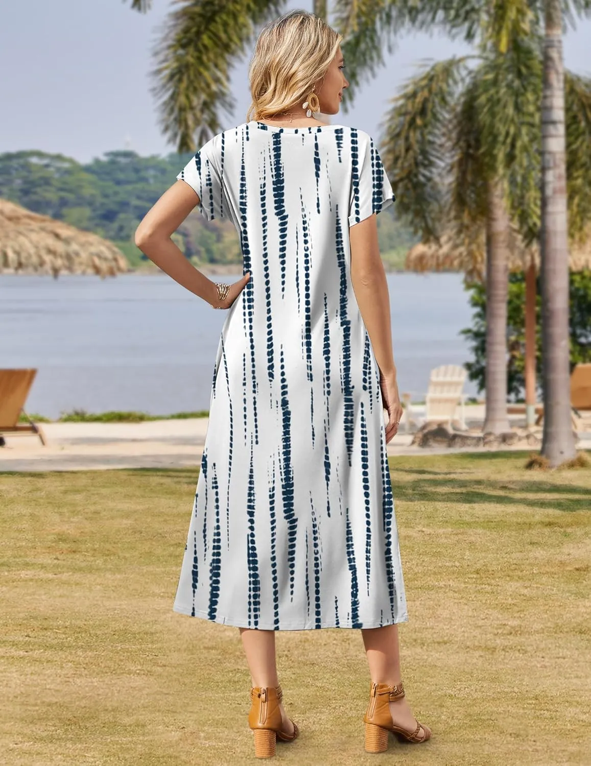 Zeagoo Women Summer Floral Dress Short Sleeve Beach Dress with Pockets Casual V-Neck Split Long T-Shirt Dress Travel Vacation