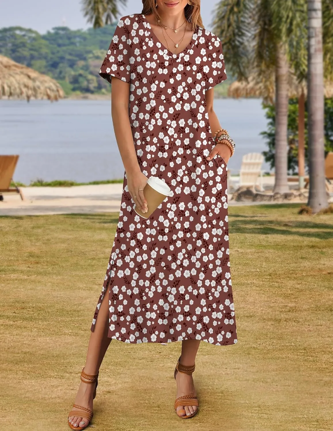 Zeagoo Women Summer Floral Dress Short Sleeve Beach Dress with Pockets Casual V-Neck Split Long T-Shirt Dress Travel Vacation