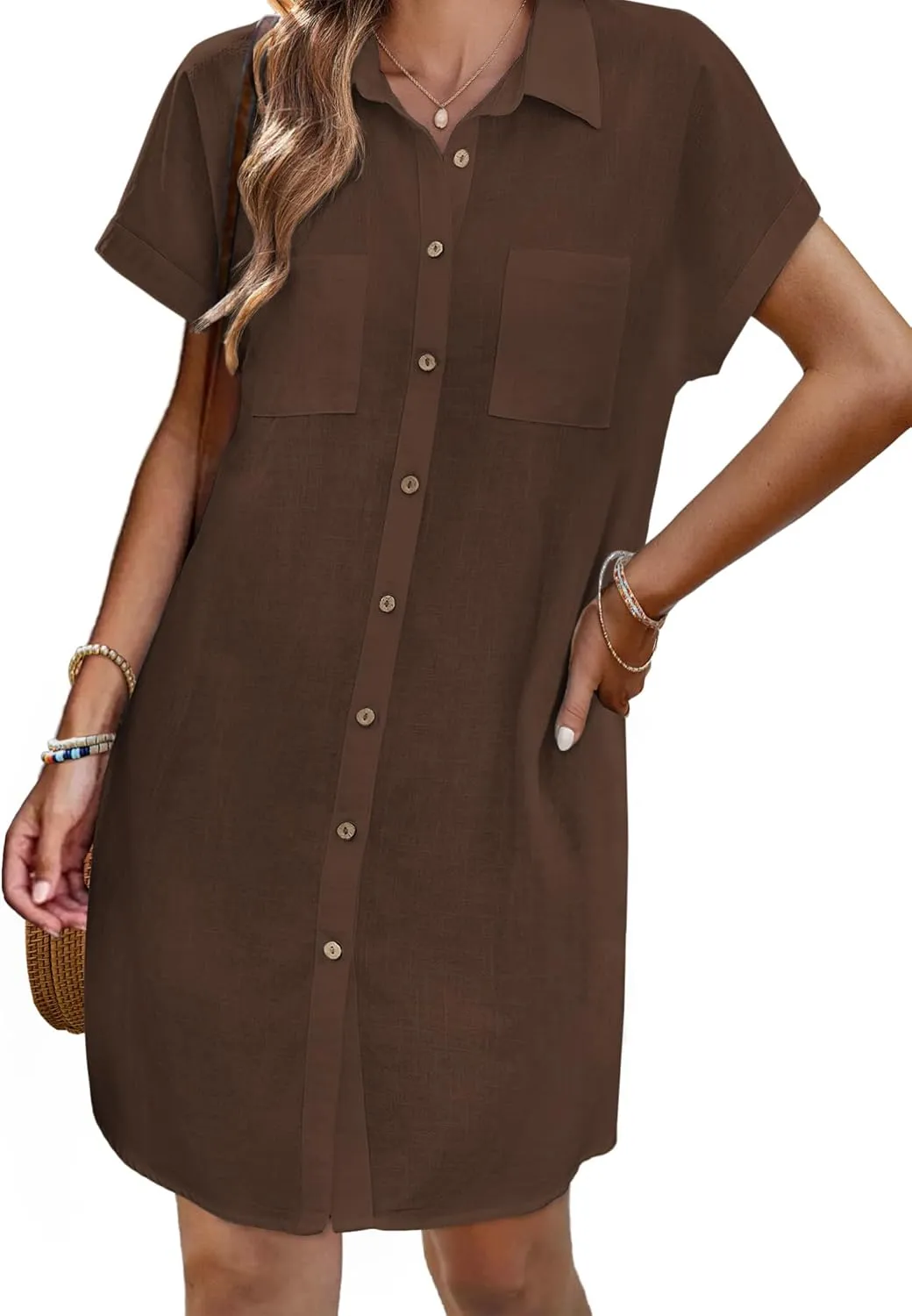 Zeagoo Women's Summer Dress 2025 Cotton Button Down Short Sleeve Tshirt Dresses Casual Flowy V Neck Loose Mini Beach Dress