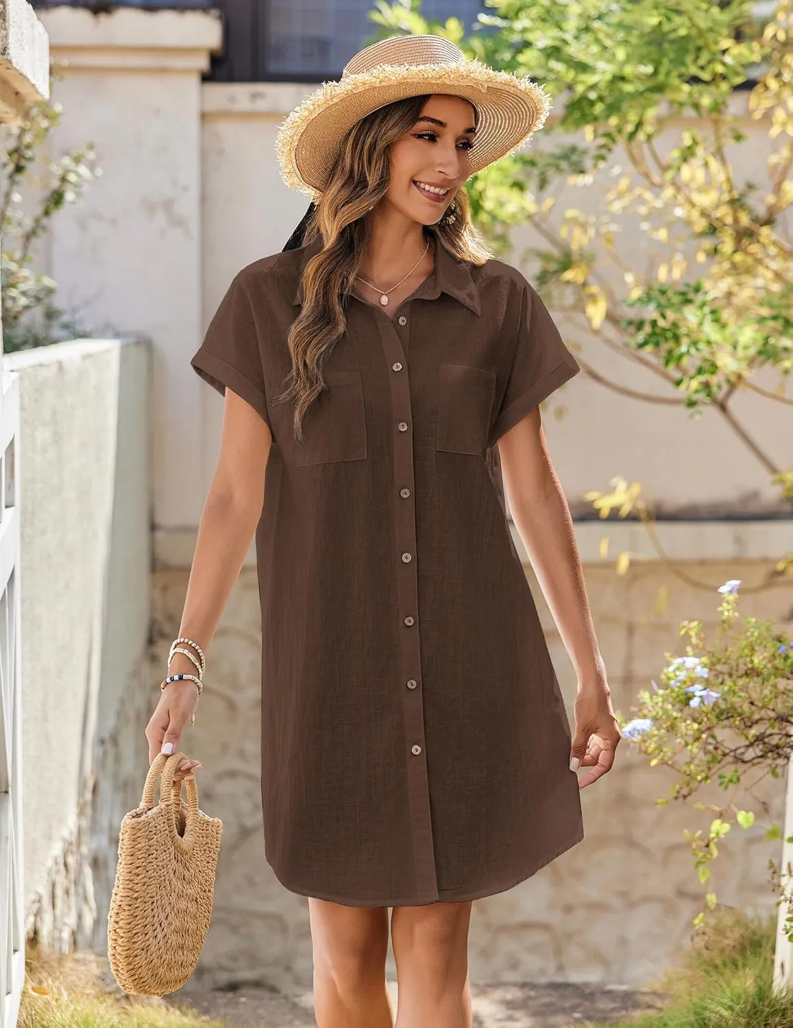Zeagoo Women's Summer Dress 2025 Cotton Button Down Short Sleeve Tshirt Dresses Casual Flowy V Neck Loose Mini Beach Dress