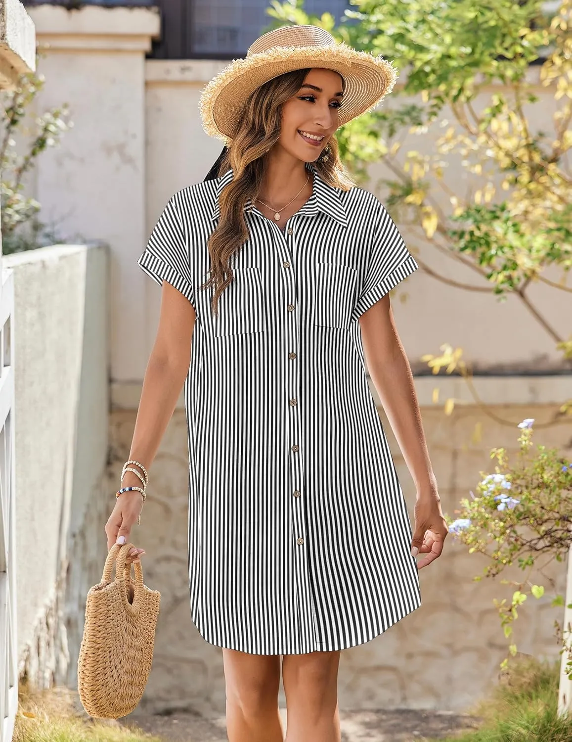 Zeagoo Women's Summer Dress 2025 Cotton Button Down Short Sleeve Tshirt Dresses Casual Flowy V Neck Loose Mini Beach Dress