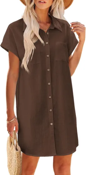 Zeagoo Women's Summer Dress 2025 Cotton Button Down Short Sleeve Tshirt Dresses Casual Flowy V Neck Loose Mini Beach Dress