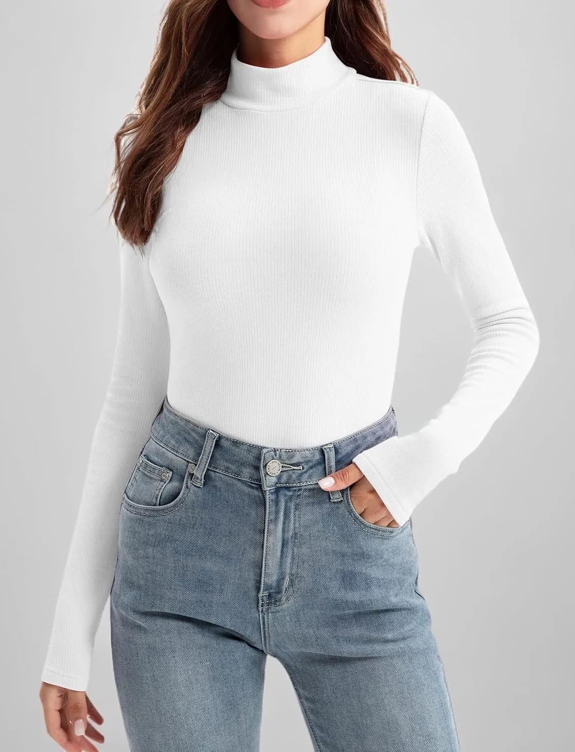 Zengjo Womens Mock Neck Long Sleeve Tops Ribbed Thermal Baselayer Shirt Stretch